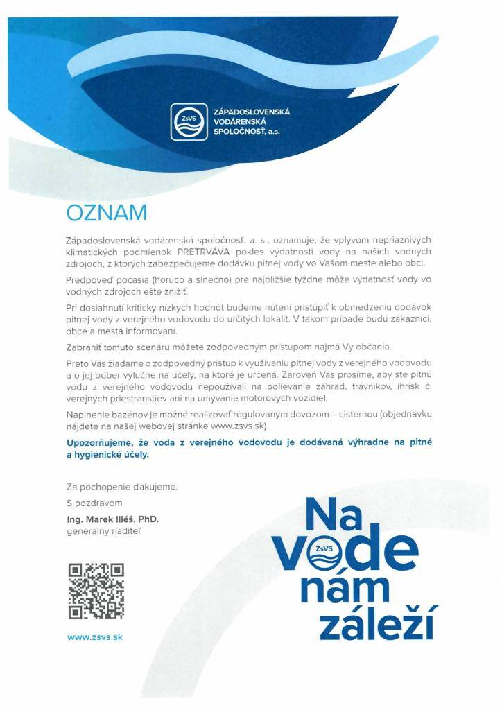 Upozornenie, že voda z verejného vodovodu je dodávaná výhradne na pitné a hygienické účely.
