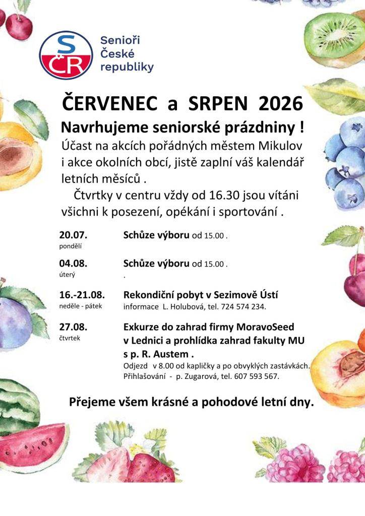 Senioři České republiky - plán akcí na červenec a srpen a plán větších akcí na 2. pololetí roku 2026