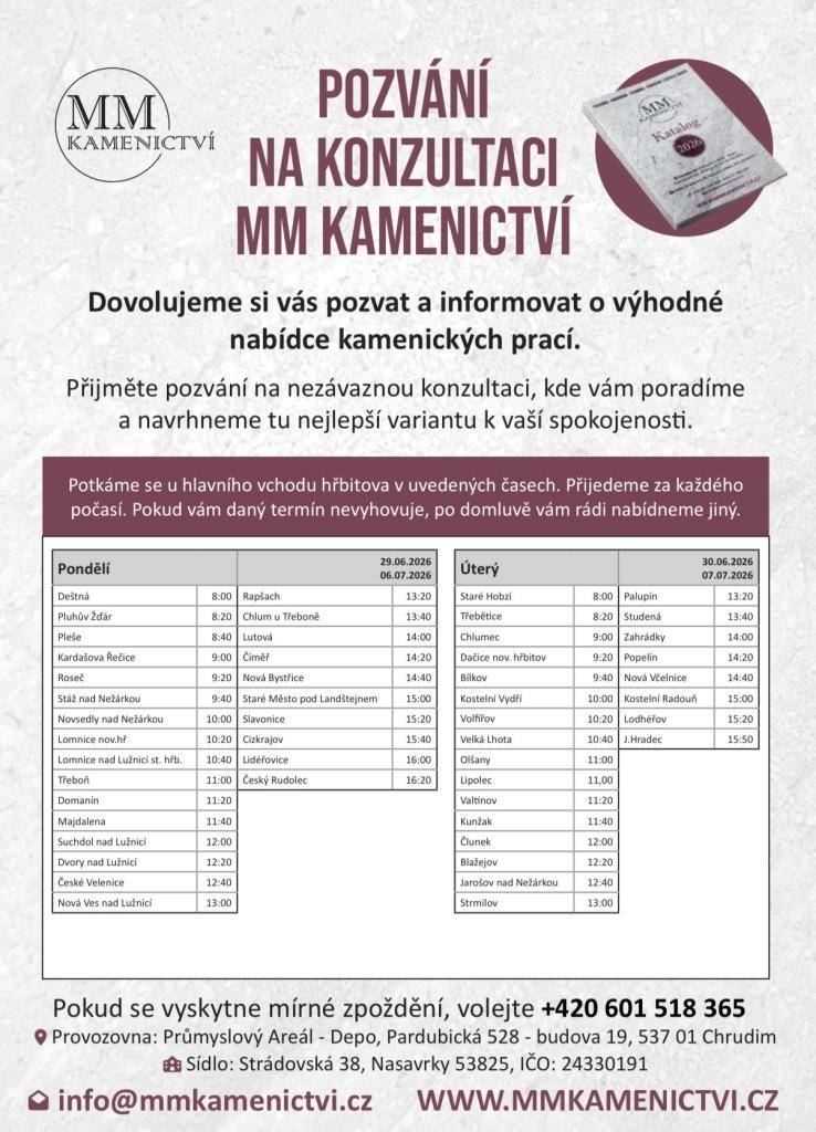 Ve dnech 29.6. a 6.7. 2026 bude na místním hřbitově poskytovat kamenické služby firma MM KAMENICTVÍ s.r.o.      Konkrétní termíny pro obec Rapšach:  29.6. 2026 ve 13:20 a 6.7. 2026 ve 13:20 hodin.  Více informací naleznete v přílohách.