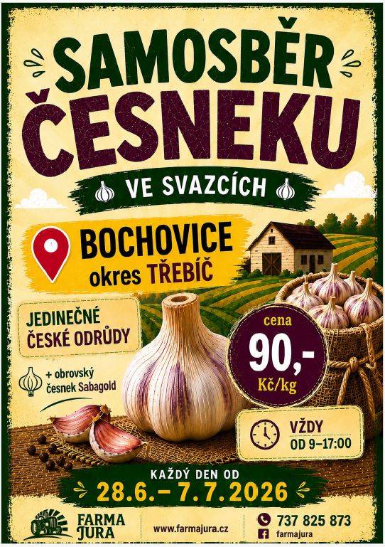 Farma Jura zve všechny příznivce česneku na tradiční samosběr česneku ve svazcích v Bochovicích na Třebíčsku. Cena česneku s natí je 90,-/kg. Akce se koná od 28.6. do 7.7. Od 9:00-17:00. Více na www.farmajura.cz