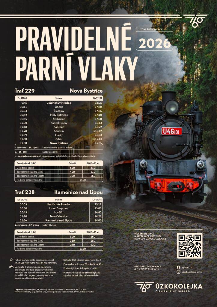 Od 1. 7. má Úzkokolejka nové jízdní řády.  Odjezdy motorových vlaků zůstávají, ale parní vlaky budou jezdit častěji a na obou tratích.  Více informací v přílohách.