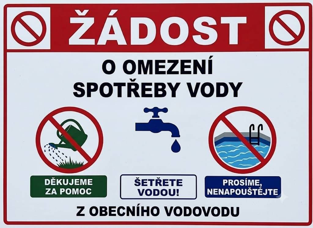 Vážení občané, vzhledem k přetrvávajícímu suchu a vysokým teplotám dochází k poklesu hladiny zdrojů pitné vody. Žádáme vás proto o její maximálně hospodárné využívání. V tomto období prosíme nepoužívejte vodu z obecního vodovodu pro jiné než nezbytné účely – zejména pro napouštění a dopouštění bazénů, zalévání zahrad a mytí vozidel. Děkujeme za pochopení a ohleduplnost.