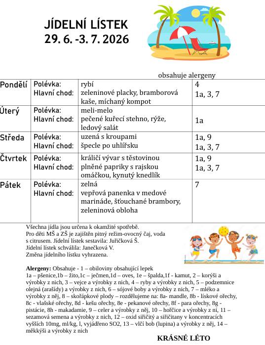 Jídelní lístek od 29. 6. do 3. 7. 2026