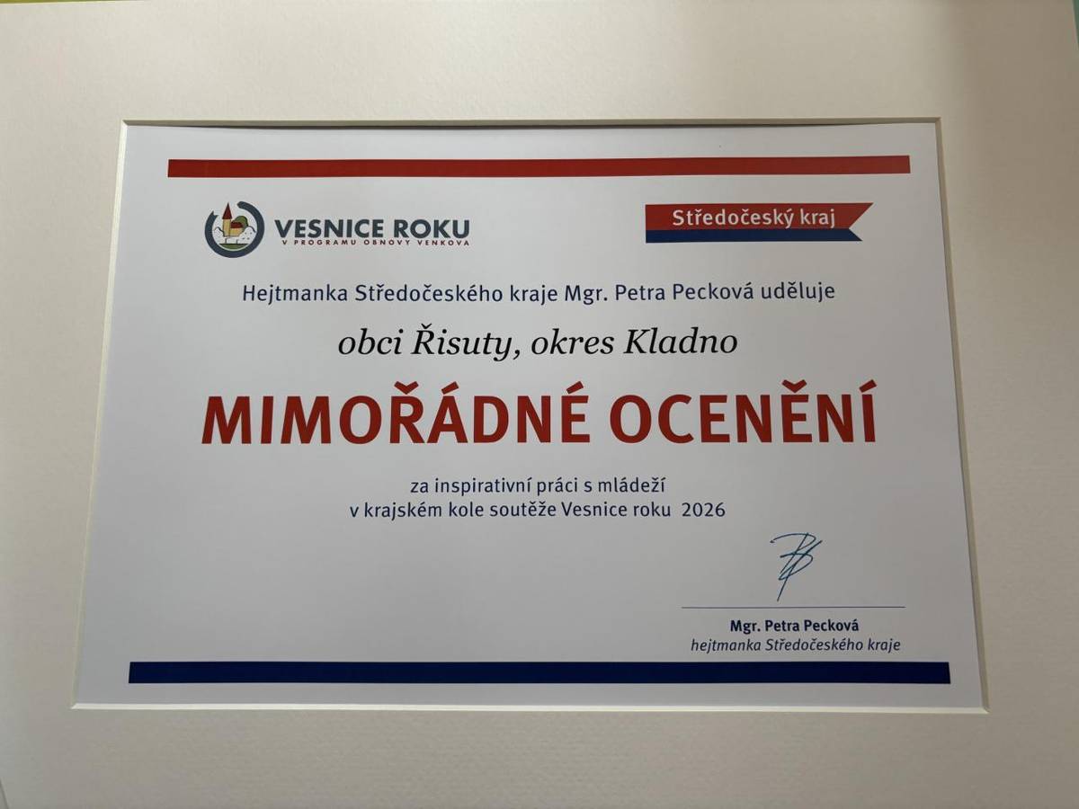 Máme velkou radost, že naše obec obdržela od hejtmanky Středočeského kraje mimořádné ocenění za inspirativní práci s mládeží v krajském kole soutěže Vesnice roku 2026.