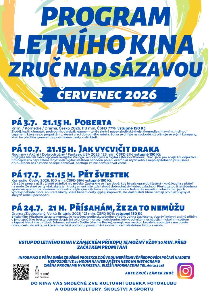 Program letního kina v zámeckém příkopu - červenec 2026