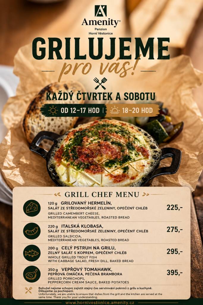Amenity Penzion Horní Věstonice od 3. 7. každý čtvrtek a sobotu grilování po celé léto.