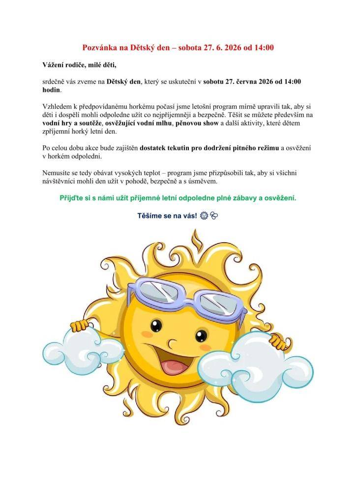Upřesnění pozvánky na dětské odpoledne 27.6.2026