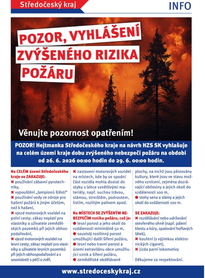 Hejtmanka Středočeského kraje na návrh HZS SK vyhlašuje na celém území kraje dobu zvýšeného nebezpečí požárů na období od 26. 6. do 29.6.2026. Věnujte pozornost opatřením: