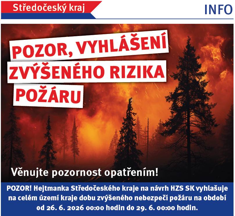 Na celém území Středočeského kraje byla vyhlášena doba zvýšeného nebezpečí požáru, která trvá od 26.6. 2026 do 29.6. 2026. Během této doby platí přísná omezení. Je důležité, aby všichni obyvatelé respektovali uvedená opatření viz níže.