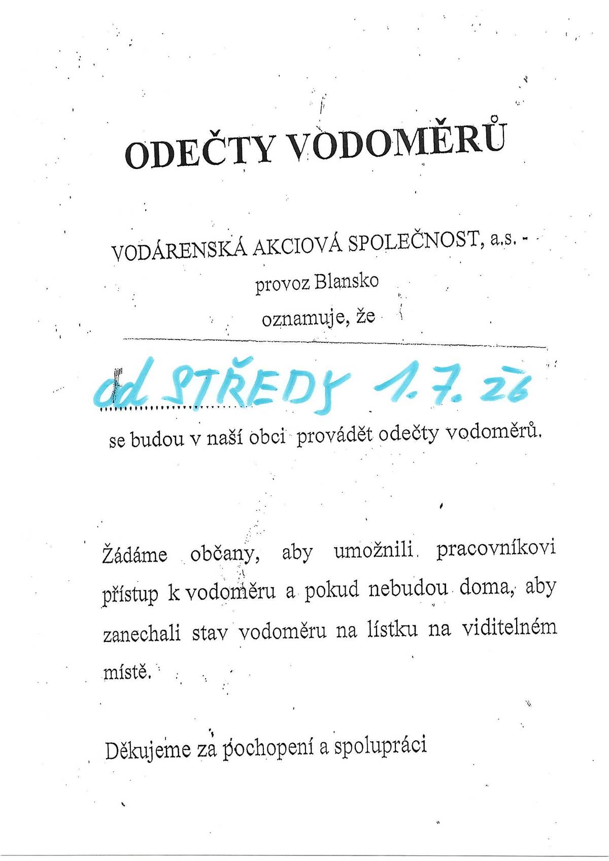 Odečty vodoměrů - od středy 1.7.2026