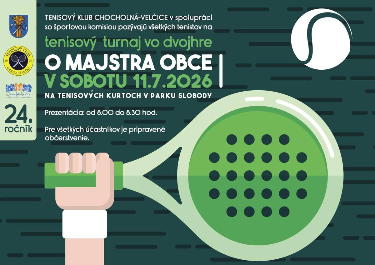 Tenisový klub Chocholná-Velčice v spolupráci so športovou komisiou obce pozýva všetkých tenisových priaznivcov v sobotu 11. júla 2026 na 24. ročník tenisového turnaja vo dvojhre.