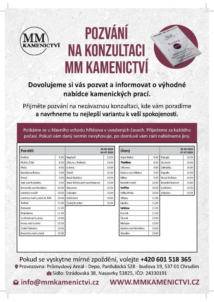 Ve dnech 30.6. a 7.7. bude na hřbitovech v Dačicích, Chlumci, Bílkově a Lipolci poskytovat kamenické služby firma MM KAMENICTVÍ s.r.o.