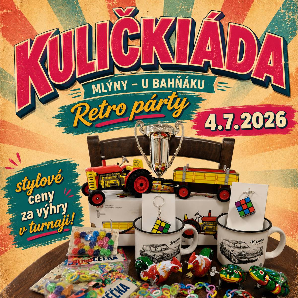 Už v sobotu 4. 7. 2026 od 14:00 se ve Mlýnech na Bahňáku rozezní cinkání kuliček a vrátíme se na chvíli do časů našeho dětství.   Těšit se můžete na stylové ceny pro vítěze, které potěší každého milovníka retra: originální plechový Zetor s valníkem od firmy Kovap, legendární céčka, natahovací žabky a spoustu dalších nostalgických překvapení.   Přijďte si zasoutěžit, zavzpomínat a užít si pohodové letní odpoledne. Těšíme se na malé i velké hráče! Zobrazovat míň