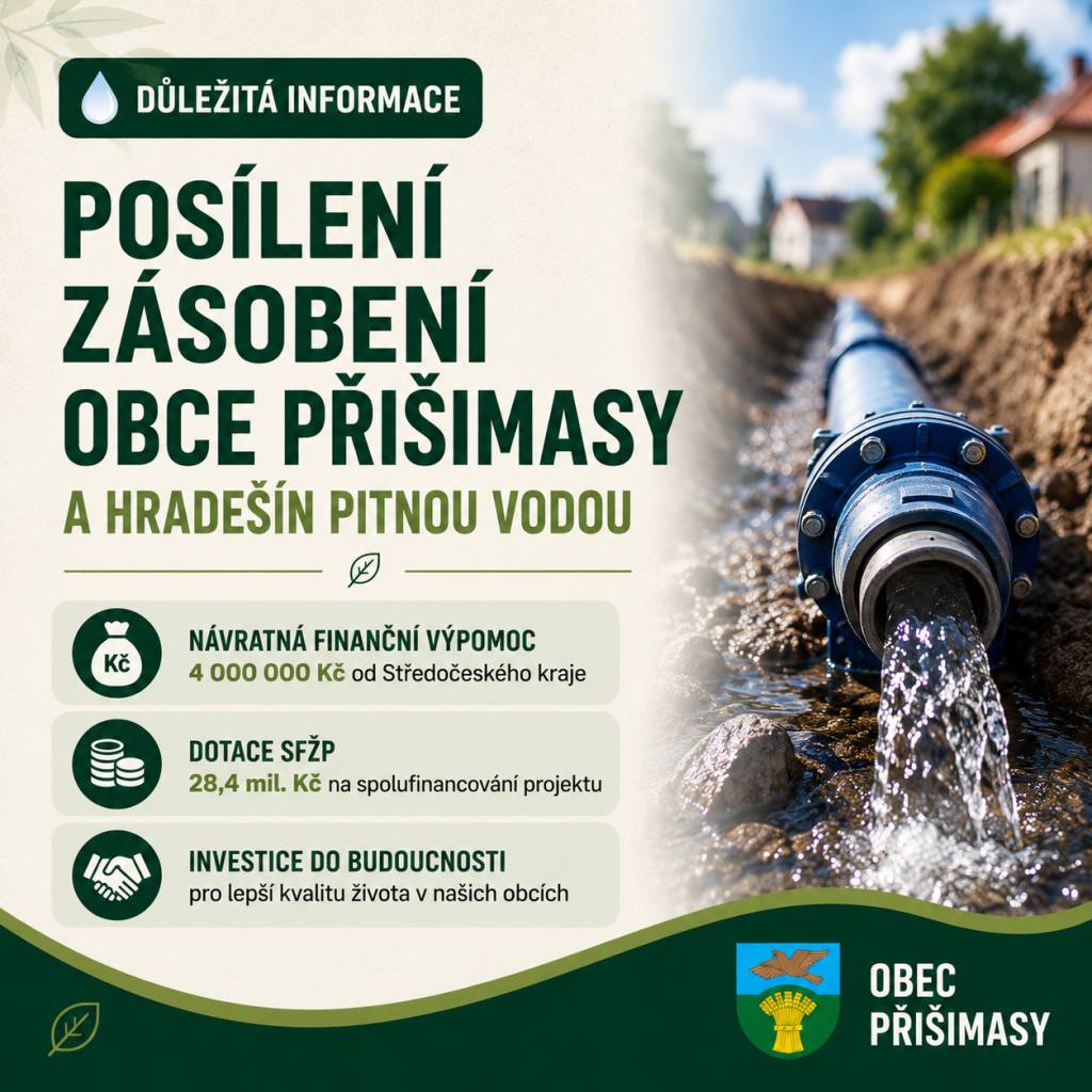 Další významná podpora pro projekt přivaděče pitné vody!    Máme další skvělou zprávu. Zastupitelstvo Středočeského kraje schválilo na svém zasedání dne 8. 6. 2026 poskytnutí návratné finanční výpomoci ve výši 4 000 000 Kč na projekt „Posílení zásobení obce Přišimasy a Hradešín pitnou vodou“.
