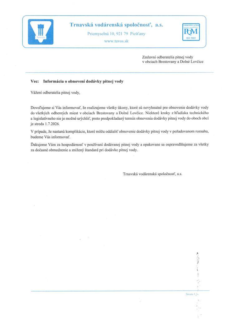 INFORMÁCIA O OBNOVENÍ DODÁVKY PITNEJ VODY OD FIRMY TAVOS: