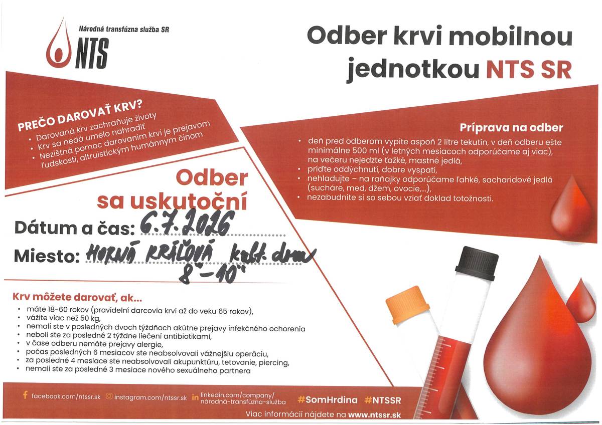 odber krvi sa uskutoční 6.7.2026