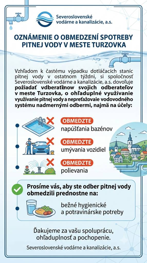 Vzhľadom k častému výpadku sústavy dotláčacích staníc pitnej vody v ostatnom týždni, si spoločnosť Severoslovenské vodárne a kanalizácie, a.s. dovoľuje požiadať svojich odberateľov, o ohľaduplné využívanie pitnej vody a nepreťažovanie vodovodného systému nadmernými odbermi.