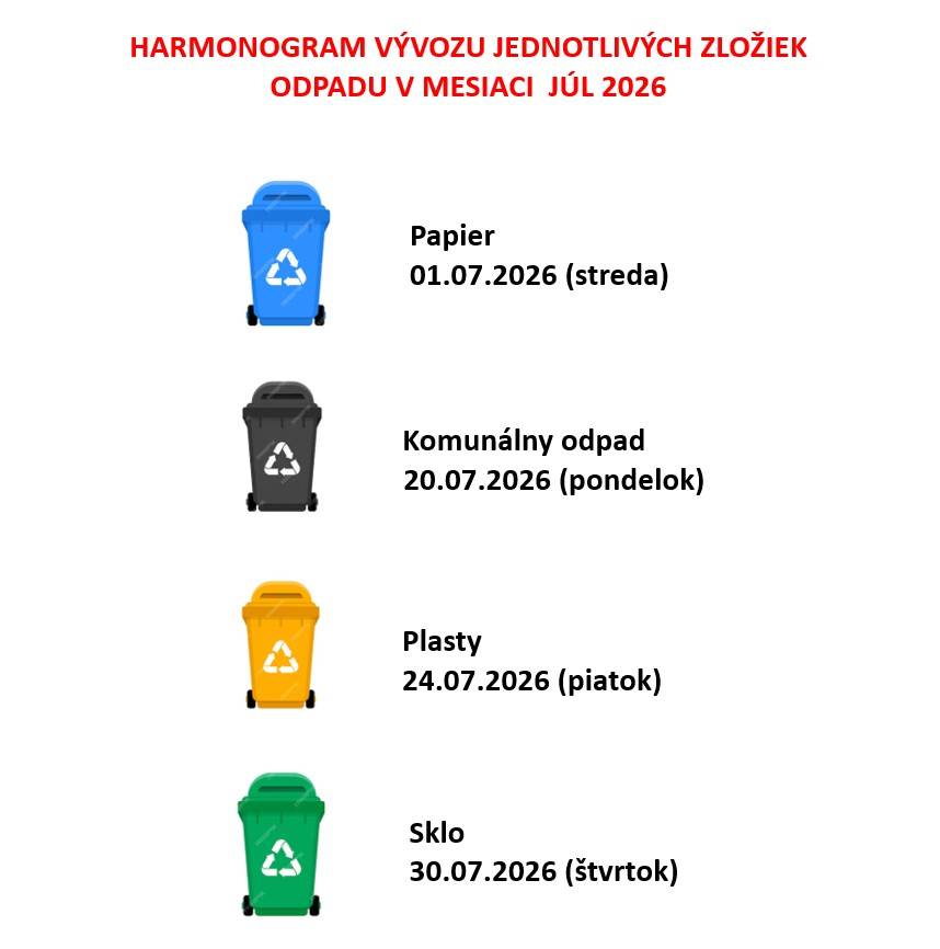 Zverejňujeme HARMONOGRAM VÝVOZU JEDNOTLIVÝCH ZLOŽIEK ODPADU V MESIACI JÚL 2026  -  01.07.2026 (streda) Papier  -  20.07.2026 (pondelok)  Komunálny odpad  -  24.07.2026 (piatok)  Plasty  -  30.07.2026 (štvrtok)  Sklo