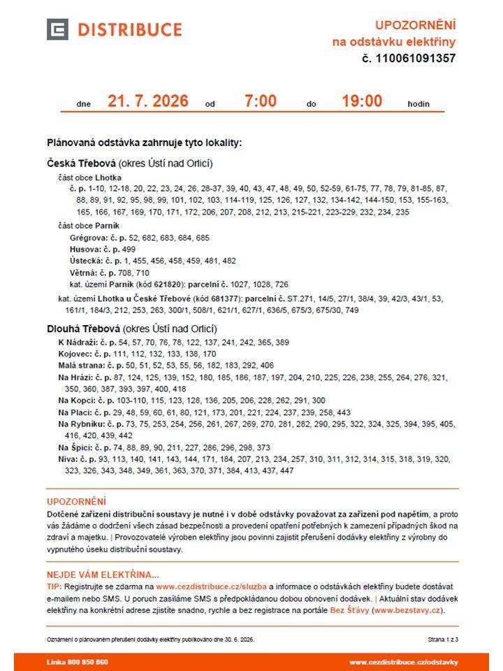 Informace o přesném čase odstávky a dotčených lokalitách naleznete zde: