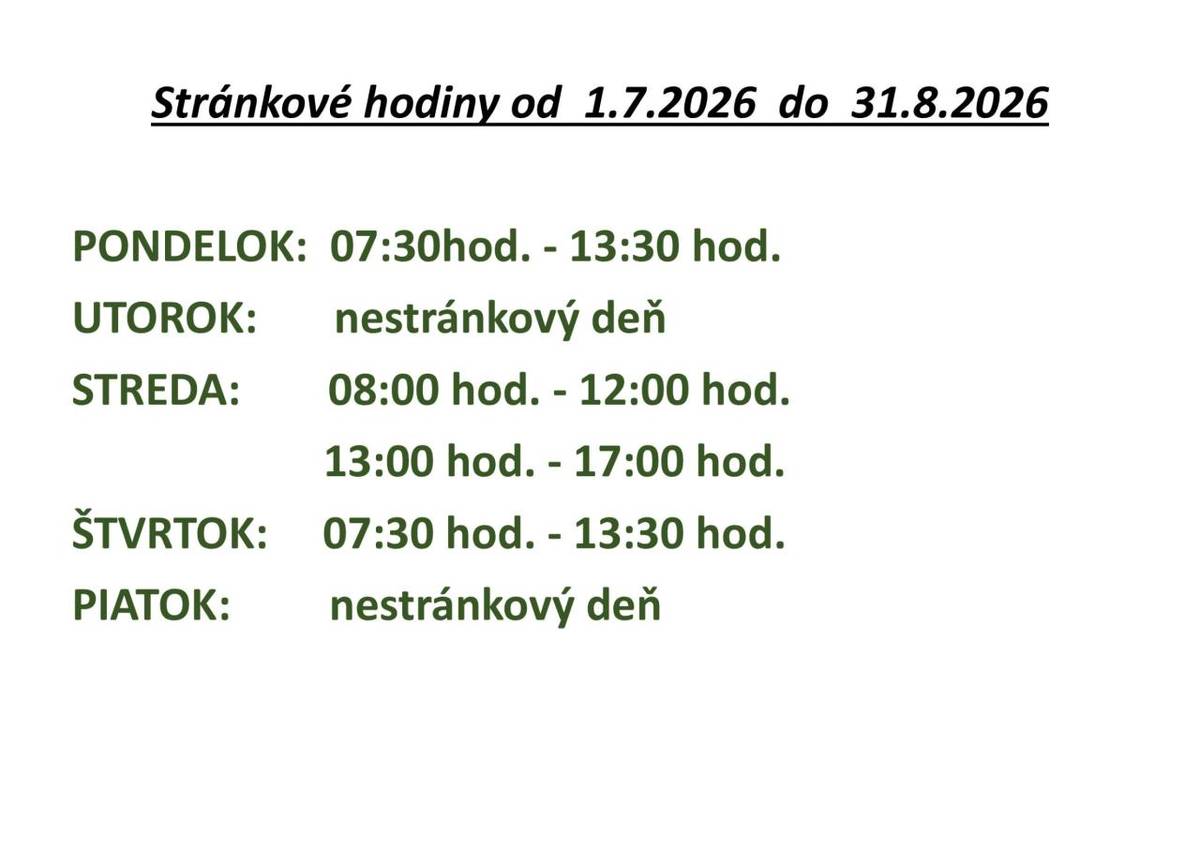 Zmena stránkových hodín Obecného úradu od 1.7.2026 do 31.8.2026