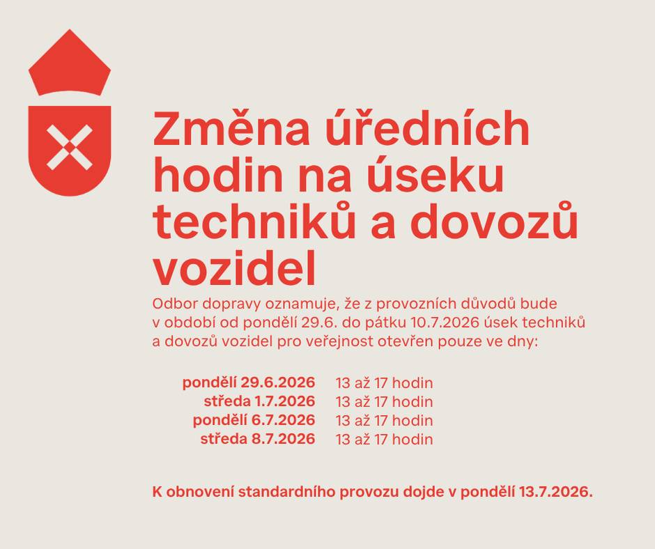 Vážení občané, Městský úřad Mnichovo Hradiště, Odbor dopravy, oznamuje, že z provozních důvodů bude v období od pondělí 29.6.2026 do pátku 10.7.2026 úsek techniků a dovozů vozidel pro veřejnost otevřen pouze následující dny:   pondělí 29.6.2026 od 13 do 17 hodin středa 1.7.2026 od 13 do 17 hodin pondělí 6.7.2026 od 13 do 17 hodin středa 8.7.2026 od 13 do 17 hodin  K obnovení standardního provozu pro veřejnost dojde v pondělí 13.7.2026. Za případné komplikace se omlouváme, a zároveň děkujeme za pochopení.