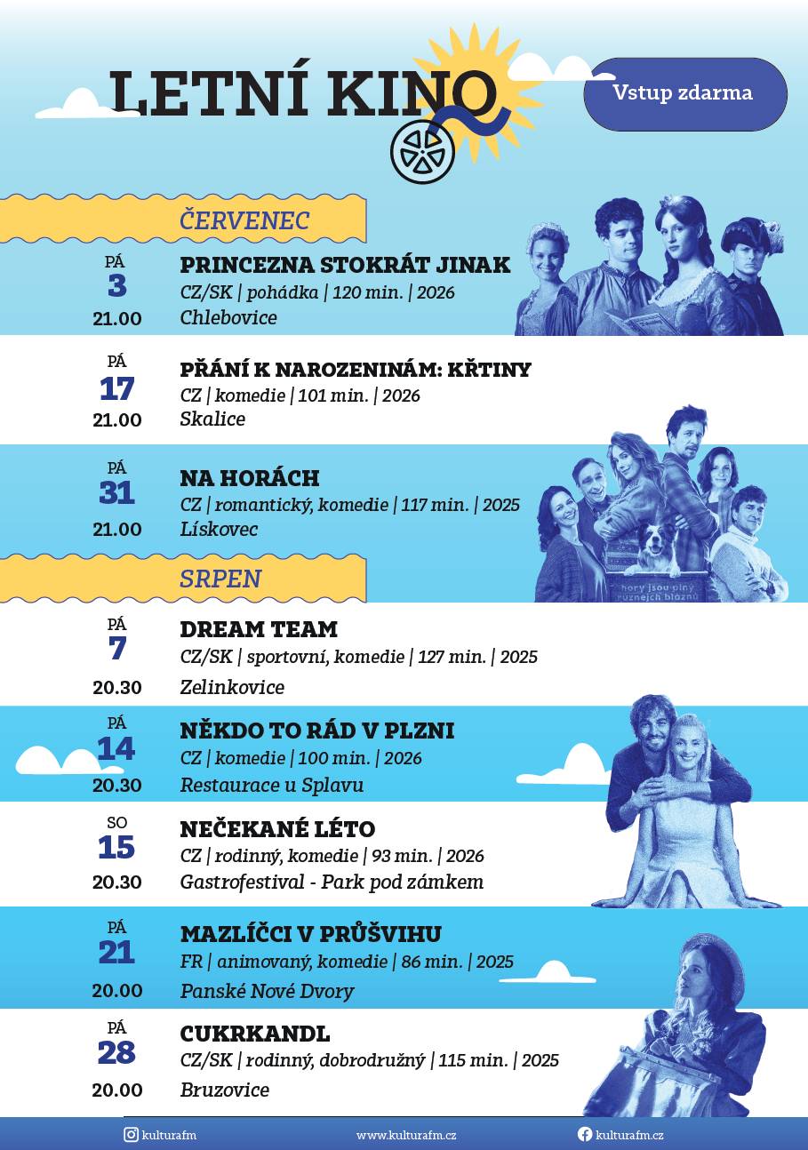 Prázdniny jsou tady, zahajte je návštěvou letního kina nebo koncertem v parku.     3. 7 LETNÍ KINO - Princezna stokrát jinak • Chlebovice • od 21 hodin     5. 7 PROMENÁDNÍ KONCERT - Big Blast! Band • Sady B. Smetany • od 16 hodin   Případné změny konání těchto akcí sledujte zde: KulturaFM - Program