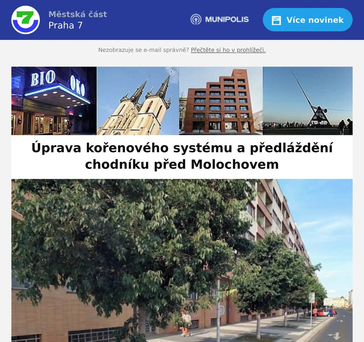 Upozorňujeme, že TSK hl. m. Prahy bude v termínu 6. 7. – 16. 8. 2026 realizovat úpravu kořenového systému stromů a předláždění chodníku před blokem domů Milady Horákové 845-862 (Molochov) V rámci realizace akce dojde k záborům parkovacích míst a přilehlého chodníku. Průchod pro pěší stavbou bude zajištěn. Akce bude probíhat ve dvou etapách. Začínat se bude od ulice U Sparty do polovinu bloku (zhruba k číslu 850/86). Koncem července pak bude pokračovat návazná etapa k ulici Korunovační. Děkujeme za pochopení a prosíme, sledujte dopravní značení v místě prací.