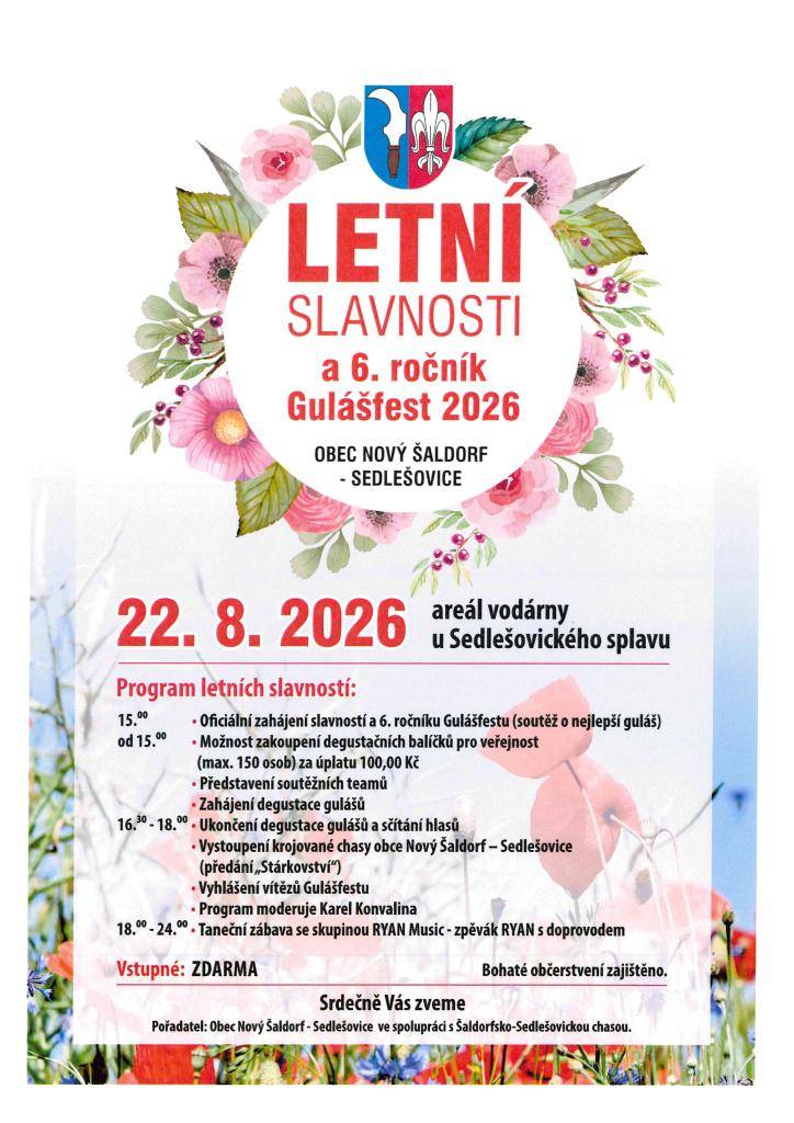 Zveme Vás na Letní slavnosti a 6. ročník Gulášfestu, které se budou konat 22. srpna 2026 v areálu vodárny u Sedlešovického splavu. Vstupné je zdarma a na místě bude zajištěno bohaté občerstvení.