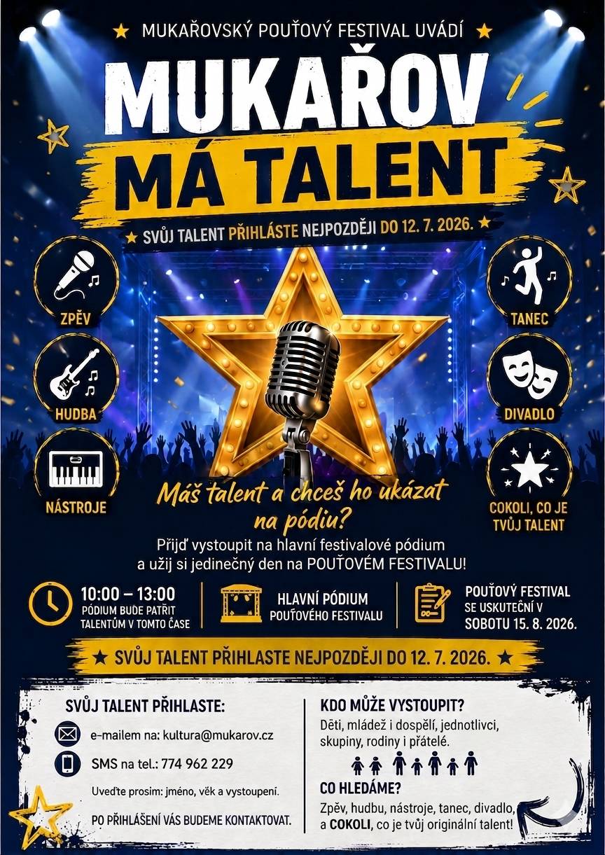 Chtěli jste si někdy vyzkoušet, jaké je to stát na opravdovém pódiu před publikem? Teď máte jedinečnou příležitost! V rámci Pouťového festivalu 15. srpna 2026 bude dopolední program patřit právě vám. Je jedno, jestli jste dítě, dospělý, rodina nebo parta přátel, pódium je otevřené všem. 🎵 Zpíváte? 🎸 Hrajete na hudební nástroj? 💃 Tančíte? 🎭 Hrajete divadlo? 😂 Chcete zkusit stand-up? ✨ Nebo máte jiný talent, o který se chcete podělit? Pódium je vaše! Přihlaste se nejpozději do 12. 7. 2026 na e-mail kultura@mukarov.cz. Do zprávy napište své jméno, věk a stručně, s čím byste chtěli vystoupit. Po přihlášení vás budeme kontaktovat a zašleme všechny potřebné informace. Tak se nebojte vystoupit z davu a ukažte, co ve vás je! Těšíme se na všechny odvážné talenty. 🌟🎤