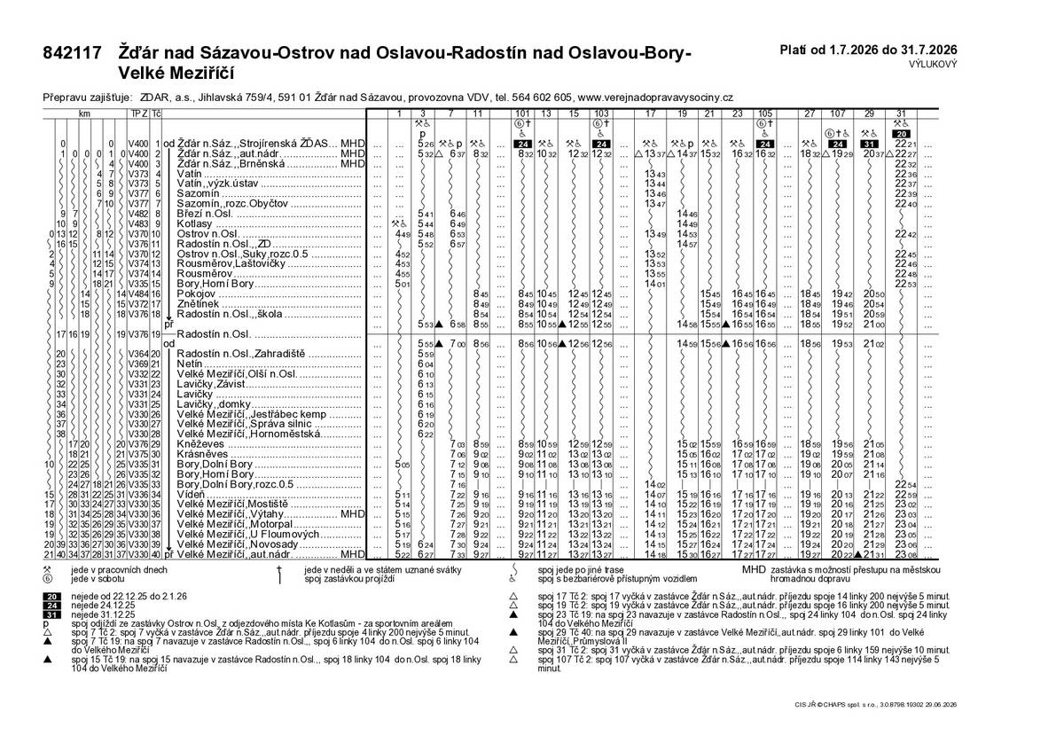 Z důvodu uzavírky silnice v  Ostrově nad Oslavou dochází od 1.7.2026  ke změně jízdních řádů. Většina spojů pojede o několik minut dříve. Více informací ve vývěsce a na stránkách obce Kněževes.