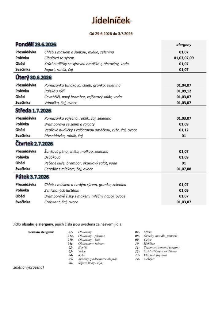 Jídelníček základní školy platný v týdnu od 29.6 do 3.7.2026