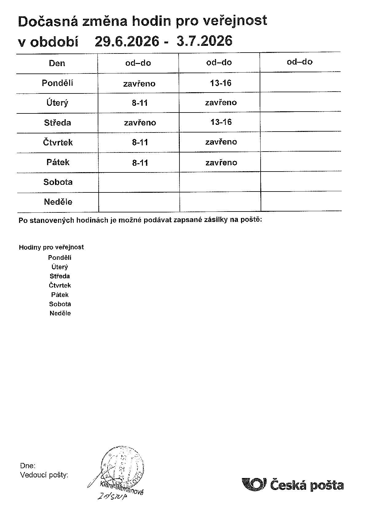 🔊Informace občanům: 📯 Pošta v Chotětově bude mít v období 29.6.2026 – 3.7.2026 dočasně upravené hodiny pro veřejnost ❌.