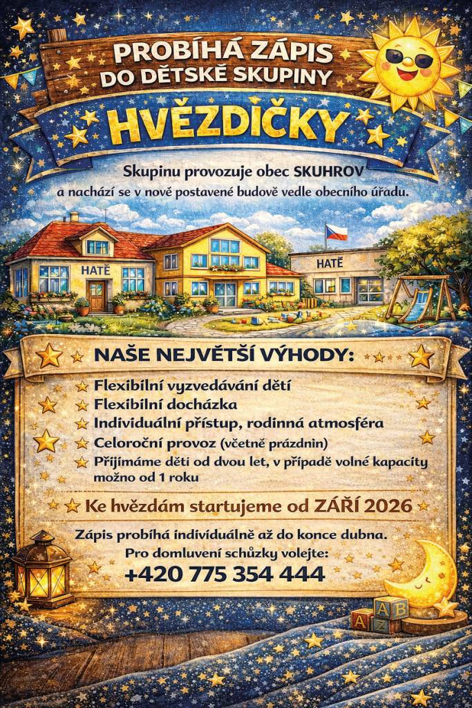 Milí rodiče,   zahajujeme zápis do nové dětské skupiny Hvězdičky, která bude fungovat v nově postavené budově vedle obecního úřadu.