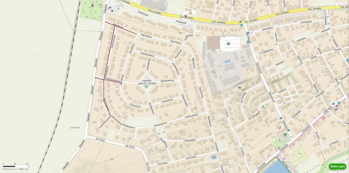 Z důvodu havárie na vodovodním řadu v ul. Kutnauerova, proběhne dne 30.06.2026 v čase 14:00 až 18:00 hod ( či do dokončení oprav ) odstávka dodávky pitné vody ve vyznačeném úseku ul. Kutnauerova, ul. Bohuslavova a ul. Řehníkova Děkujeme za pochopení