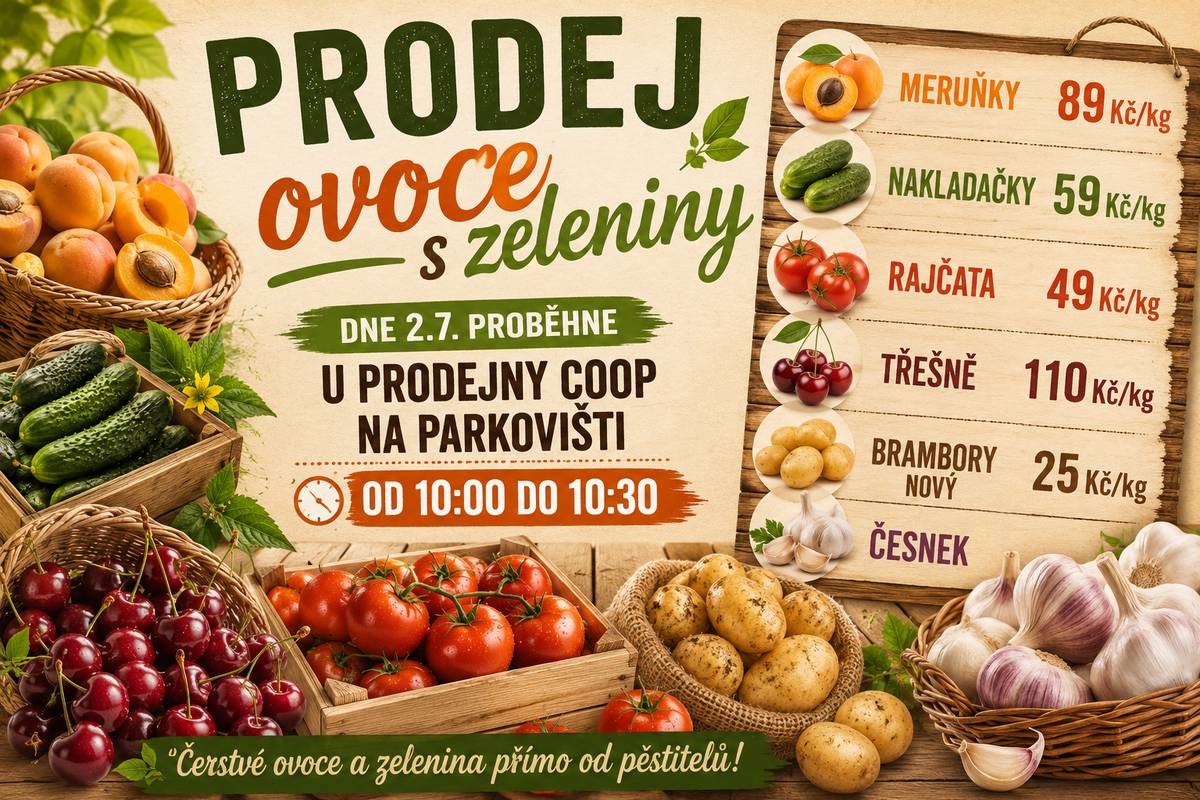 Mladé Buky – prodej ovoce a zeleniny 📍 Místo: parkoviště u prodejny COOP, Mladé Buky 🗓 Datum: 2. 7. 🕙 Čas: 10:00 – 10:30 Nabídka: Meruňky – 89 Kč/kg Nakladačky – 59 Kč/kg Rajčata – 49 Kč/kg Třešně – 110 Kč/kg Brambory nové – 25 Kč/kg Česnek 🛒 Čerstvé ovoce a zelenina za výhodné ceny