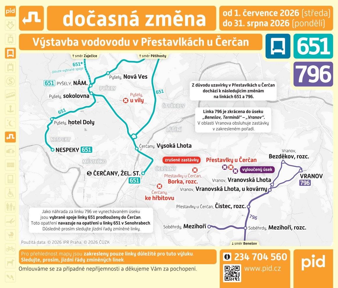 Od 1. 7. 2026 do 31. 8. 2026 dojde k uzavírce komunikace II/109 v obci Přestavlky u Čerčan z vodovodu výstavby vodovodu. Tato stavební akce ovlivní jízdní řád linky 651 a 796.       Opatření pro linku 796.  Linka je vedena pouze v tomto úseku:  Benešov – Soběhrdy – Vranovská Lhota – Vranov – a ihned zpět  Ruší se obsluha obcí Přestavlky u Čerčan, Čerčany a Pyšely Vzhledem k provozním změnám linky dochází u některých spojů k výrazným časových posunům.      Opatření pro linku 651    Linka je nadále ovlivněna výlukou v Senohrabech Jako náhrada za linku 796 je pro linku 651 zřízena obousměrně zastávka „Čerčany, Vysoká Lhota“ Časové polohy oproti dosavadnímu výlukovému jízdnímu řádu jsou nezměněny.    Upozorňujeme, že vzhledem k trvalým změnám od 2. 8. 2026 a ukončení výluky v Senohrabech během léta bude výlukový jízdní řád obou linek od 2. 8. 2026 upraven. Tyto jízdní řády budou zveřejněny během července.     Výlukové jízdní řády linek č. 796 a 651 naleznete na webu obce pod tímto odkazem:   https://www.cercany.cz/vylukovy-jizdni-rad-na-linkach-651-a-796-od-1-7-2026-vystavba-vodovodu-v-obci-prestavlky-u-cerca