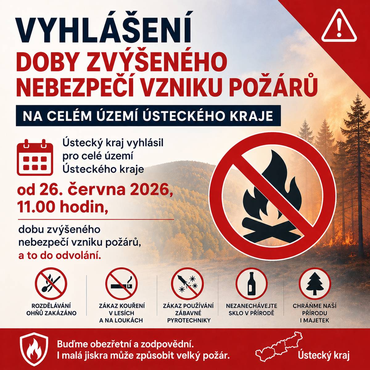 Ústecký kraj vyhlásil pro celé území Ústeckého kraje od 26. června 2026 dobu zvýšeného nebezpečí vzniku požárů, a to do odvolání.  V období sucha je zakázáno:  a) spalovat hořlavé látky na volném prostranství,  b) na místech se suchým porostem, v lesích a ve vzdálenosti menší než 50 m od okraje lesa kouřit, rozdělávat nebo udržovat otevřený oheň a odhazovat hořící nebo doutnající předměty,  c) používat v místech mimo souvislou městskou a obecní zástavbu zábavnou pyrotechniku  a jiné obdobné výrobky.  Kompletní znění naleznete na úřední desce obce na www.bilence.cz