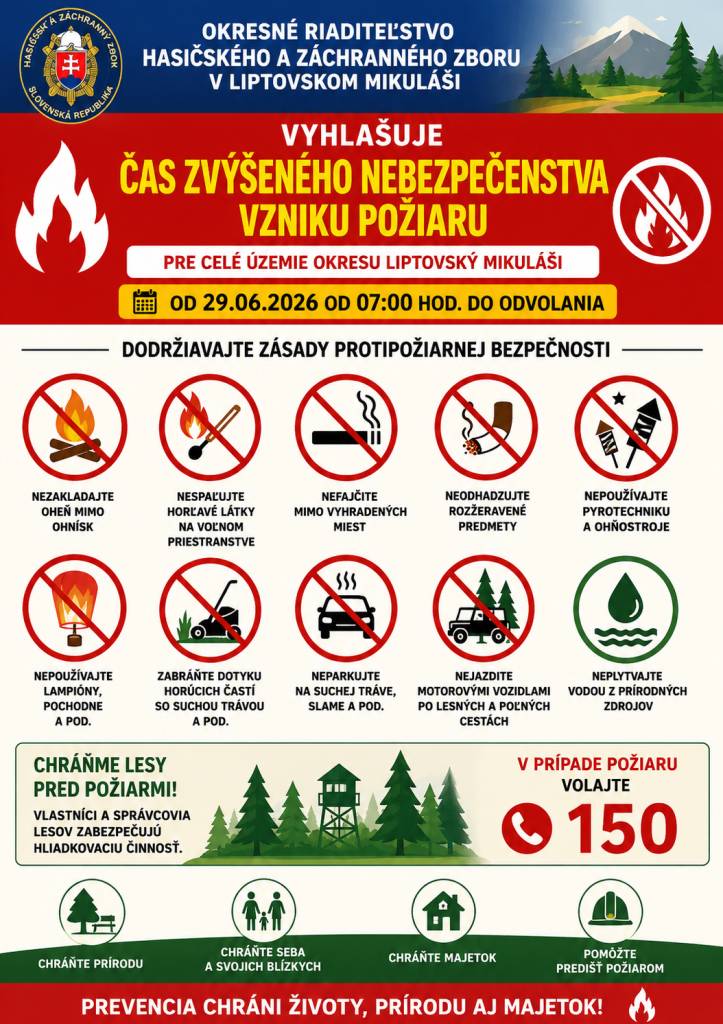 Okresné riaditeľstvo Hasičského a záchranného zboru v Liptovskom Mikuláši V Y H L A S U J E ČAS ZVÝŠENÉHO NEBEZPEČENSTVA VZNIKU POŽIARU  pre celé územie okresu Liptovský Mikuláš  od 29.06.2026 od 07:00 hod. do odvolania