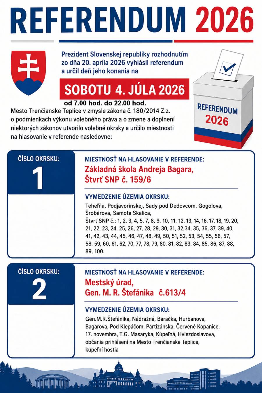 Mesto Trenčianske Teplice oznamuje občanom, že v piatok 3. júla 2026 bude Matričný úrad v Trenčianskych Tepliciach zatvorený z dôvodu prípravy na konanie referenda. Ďakujeme za pochopenie.