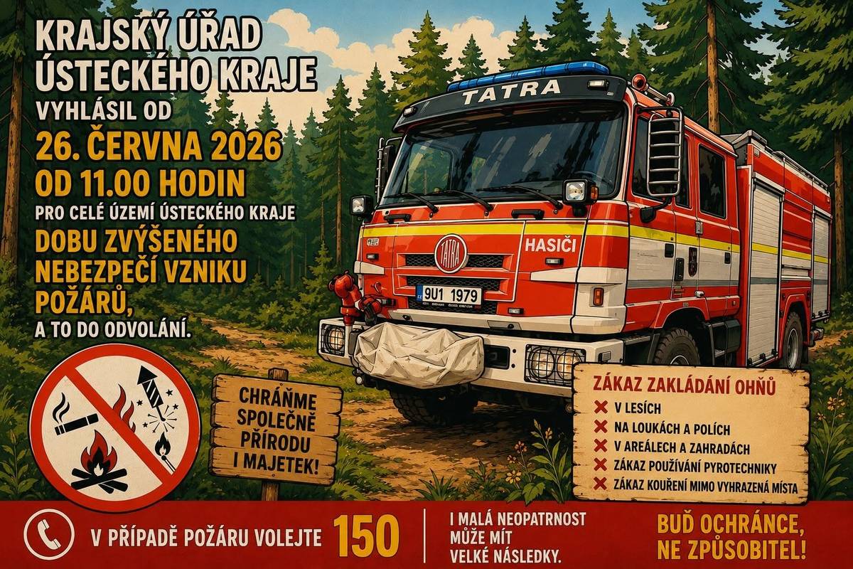 V Ústeckém kraji platí do odvolání zvýšené nebezpečí vzniku požárů. Mj. to znamená zákaz kouření mimo vyhrazená místa, používání pyrotechniky, zakládání ohňů na zahradách, v lesích, polích, loukách atd. Dbejte zvýšené opatrnosti! V případě požáru volejte linku 150!