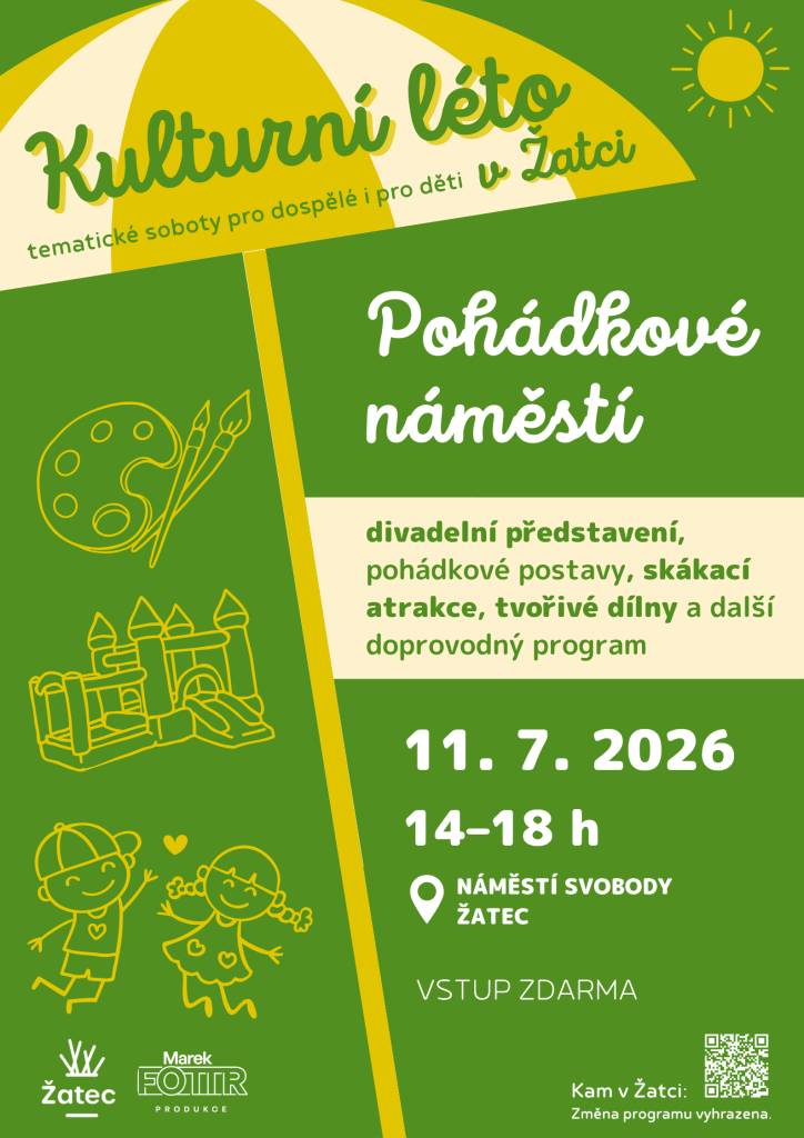 Dvě akce Kulturního léta oživí centrum města v průběhu července. V sobotu 11. července je téma pohádkové, takže událost je určená hlavně pro rodiny s dětmi. O dva týdny později je program určen nejen pro seniory. Vstupné se na akce Kulturního léta v Žatci neplatí.