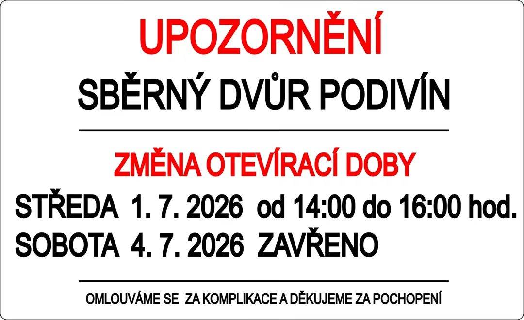 Změna otevírací doby   Středa 1. července   14,00 hod. do 16,00 hod.  Sobota 4. července  ZAVŘENO