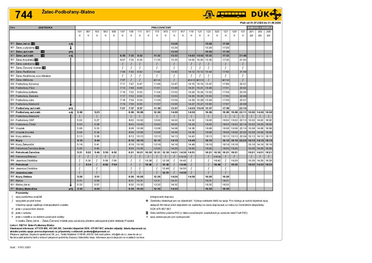 Informujeme Vás, že z důvodu uzavírky silnice III/2063 u Malměřic bude autobusová linka 744 vedena v období od 1. 7. 2026 do ukončení stavebních prací (předpoklad 31. 8. 2026) po upravené trase Černčice - Stebno - Blatno - Blatno, žel.st. - Malměřice (viz příloha linka 744 - Žatec-Podbořany-Blatno).