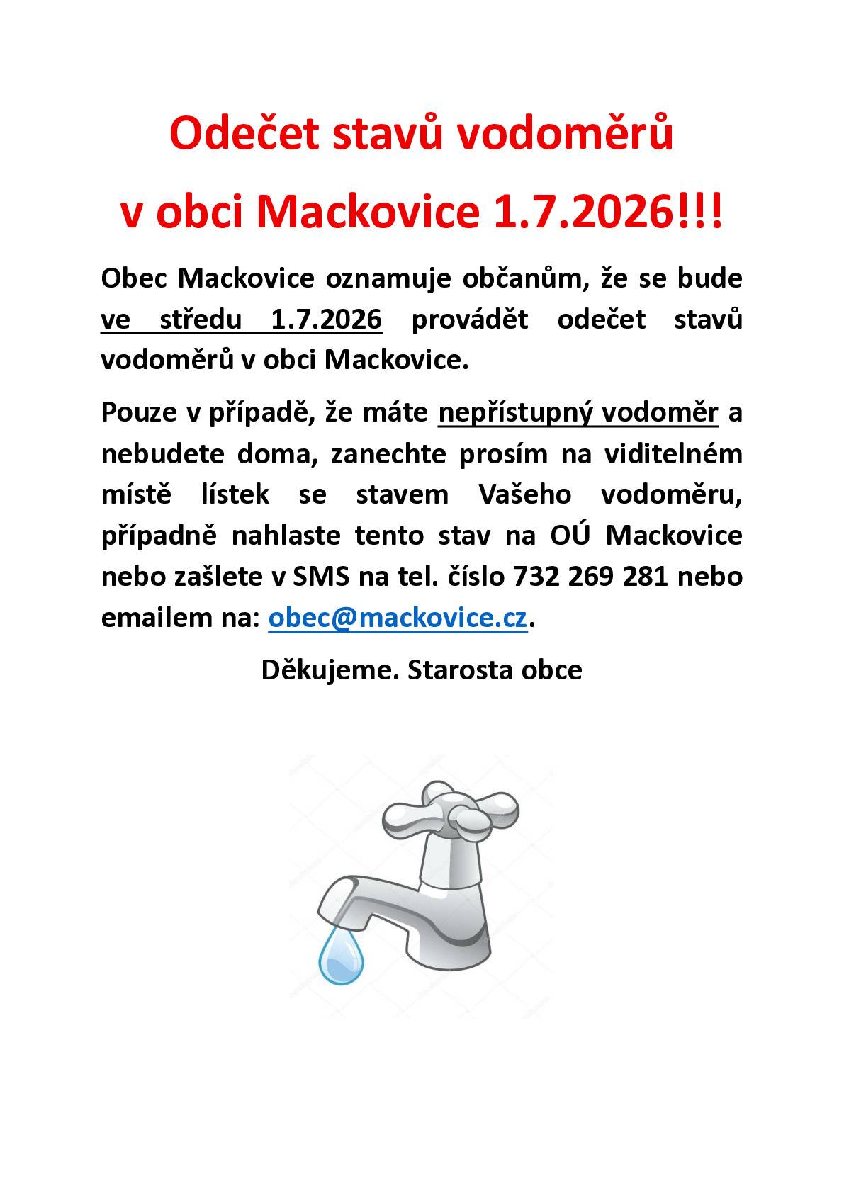 Odečet stavů vodoměrů v obci Mackovice se bude provádět 1.7.2026.