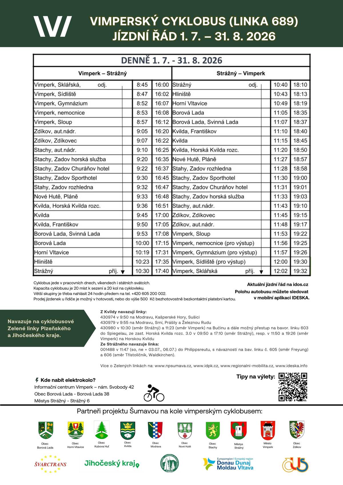 Vimperský cyklobus bude zapojen od 01.07.2026 do integrovaného dopravního systému Jihočeského kraje IDESKA. Co to cestujícím přinese? Předně je to možnost koupit si jízdenku kamkoliv v rámci celého Jihočeského kraje, tedy i mimo trasu kudy jezdí cyklobus. Na Kvildě si tak budete moci koupit jízdenku třeba až do Tábora nebo ve Vimperku až do Philippsreutu, kam bude jezdit nová víkendová linka 488 (číslo licence 001488). Tuto přeshraniční cyklobusovou linku bude od 04.07. do 11.10.2026 provozovat jihočeský dopravce ČSAD AUTOBUSY České Budějovice a. s., který bude jezdit každý víkend a státní svátek 3 páry spojů na trase Vimperk – Lenora – Strážný – Philippsreut a zpět, mimořádně však vyjede i dvěma páry spojů v pátek 3. 7. 2026. Vimperský cyklobus má kvůli této lince upravený jízdní řád tak, aby na ni co nejvíce navazoval a bylo na ni ve Strážném možné přestoupit. Trasa vimperského cyklobusu zůstává stejná Vimperk – Zdíkov – Stachy – Zadov – Churáňov – Nové Hutě – Kvilda – Svinná Lada – Borová Lada – Horní Vltavice – Hliniště – Strážný a zpět, po zapojení do systému IDESKA má však nové číslo linky 689 (číslo licence 374689). Další výhodou bude možnost platit bezhotovostně kartou do výše 500 Kč. Samozřejmě lze nadále platit v hotovosti u řidiče. Pro nákup jízdenek je možné využívat také mobilní aplikaci IDESKA, kde si lze vyhledat spojení a zakoupit si jízdenky, a to jak jednotlivé, tak předplatní, které budou v našem cyklobuse taktéž k využití. Cestující jistě ocení i sledování aktuální polohy spoje na trase, díky čemuž snadno zjistí například případné zpoždění. Využijte výhodné „turistické“ jízdenky! Síťová jízdenka „Jihočeská“. Jedná se o časově variabilní síťovou přestupní jízdenku platnou 24 hodin (1 den) /72 hodin (3 dny) /120 hodin (5 dní) od okamžiku zakoupení. Platí na vlaky, autobusy a MHD v celém rozsahu systému IDESKA. Lze s ní tedy cestovat po celém území Jihočeského kraje, v určených přesazích do okolních krajů včetně vybraného území hlouběji do Plzeňského a Jihomoravského kraje. Zakoupit ji lze ve verzi pro jednotlivce či pro skupinu až 5 osob (z toho max. 2 osoby starší 18 let). Přeshraniční varianty „Jihočeská + Bavorsko“ a „Jihočeská + Bavorsko + Rakousko“ platí navíc na všech autobusových a vlakových linkách na území okresů Freyung-Grafenau, Regen a Cham. Jízdenky lze zakoupit v mobilní aplikaci IDESKA, aplikaci Můj vlak, aplikaci IDOS a dalších prodejních kanálech. Podrobnosti naleznete na www.ideska.info. Abychom to shrnuli, zapojení vimperského cyklobusu do systému IDESKA přináší cestujícím jednotné jízdné, lepší návaznost na přeshraniční dopravu, možnost bezhotovostní platby, nákup jízdenek v aplikaci a přístup k výhodným turistickým síťovým jízdenkám. Věříme, že tyto novinky zpříjemní a usnadní cestování hromadnou dopravou po Šumavě. Na projekt Šumavou na kole vimperským cyklobusem přispívají od roku 2020 ze svého rozpočtu město Vimperk, dále obec Zdíkov, obec Stachy, Česká unie sportu na Zadově, obec Kvilda, obec Borová Lada, obec Horní Vltavice, obec Kubova Huť, městys Strážný, obec Nové Hutě a obec Modrava. Provoz cyklobusu zajišťuje vimperská společnost PROUD BUS a.s. (dříve Švarctrans). Lenka Pechoušková, referent cestovního ruchu MěÚ Vimperk