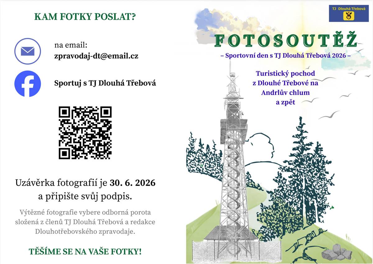 Sportovní den s TJ Dlouhá Třebová máme úspěšně za sebou a dnes uzavíráme také doprovodnou fotosoutěž. Jestli jste během cesty na Andrlův chlum pořídili fotografii odpovídající soutěžnímu tématu, dnes je poslední šance ji přihlásit. 📩 Své fotografie posílejte na: zpravodaj-dt@email.cz Těšíme se na vaše snímky!