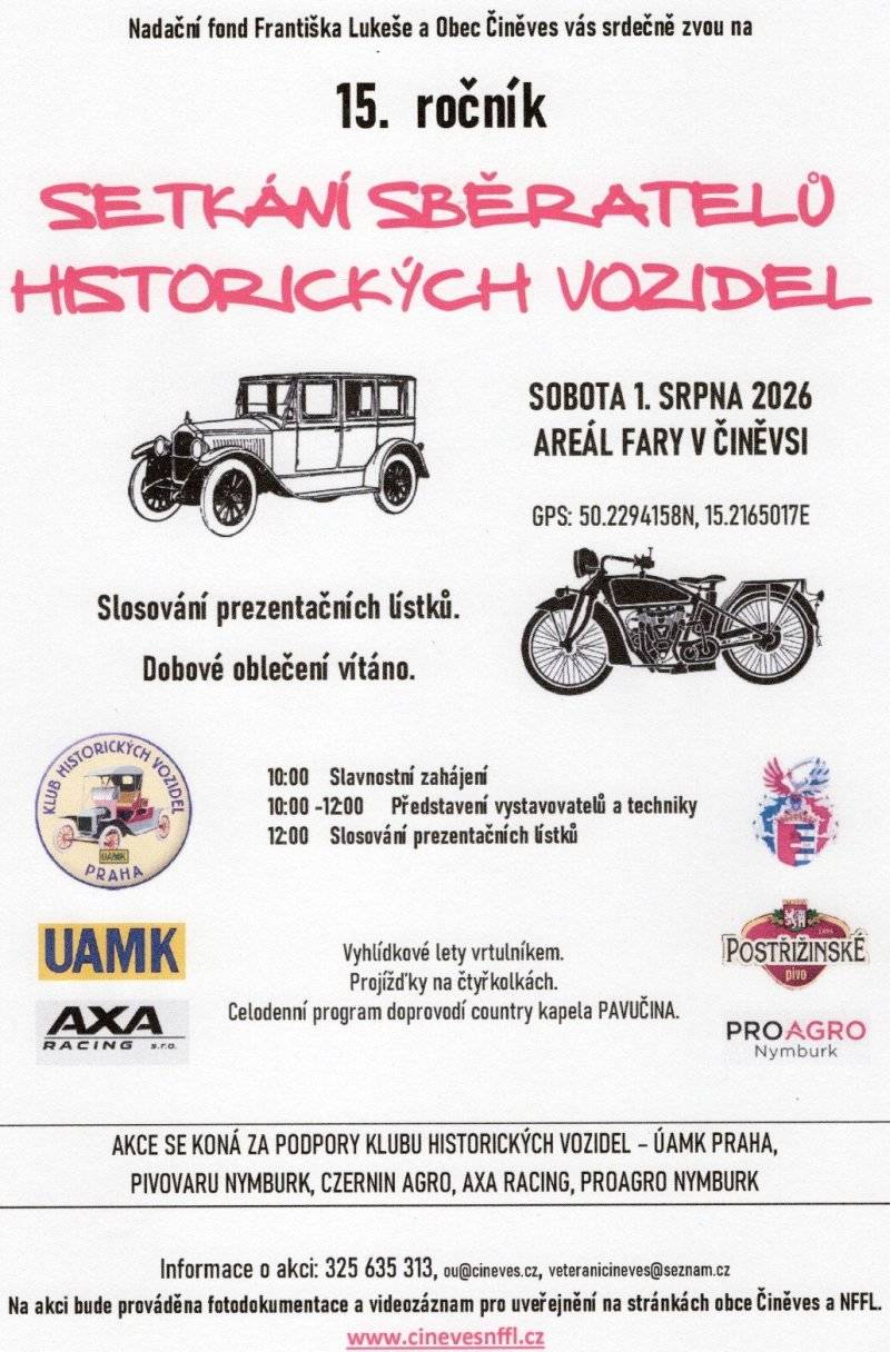 Dne 1.8.2026 v areálu fary v Činěvsi se koná 15. ročník SETKÁNÍ SBĚRATELŮ HISTORICKÝCH VOZIDEL