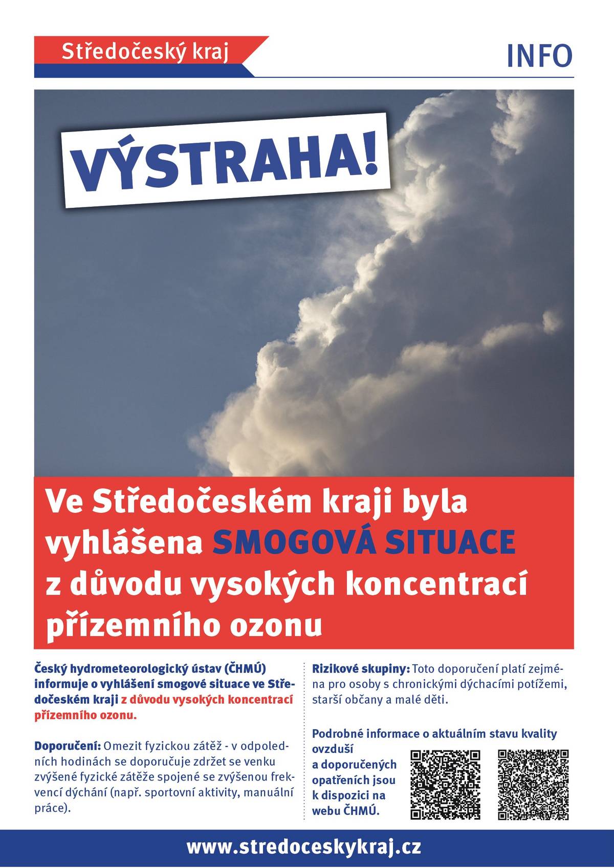 Po upozornění na zvýšené riziko požárů tu máme další varování. Tentokrát se týká zvýšených koncentrací přízemního ozonu. Dnes jsme od hejtmanky Středočeského kraje obdrželi informaci, že pro celý Středočeský kraj byla vyhlášena smogová situace. 🌤️ Doporučuje se omezit delší pobyt venku, zejména v odpoledních hodinách, a vyhnout se zvýšené fyzické námaze. Zvýšenou opatrnost by měli věnovat především: • 👶 malé děti, • 👵 senioři, • 🫁 lidé s chronickými dýchacími potížemi. V těchto horkých dnech nezapomínejte na dostatečný pitný režim, pobyt ve stínu a pokud můžete, náročnější aktivity si nechte na ráno nebo večer. Děkujeme, že dbáte na své zdraví i zdraví svých blízkých. 🍀