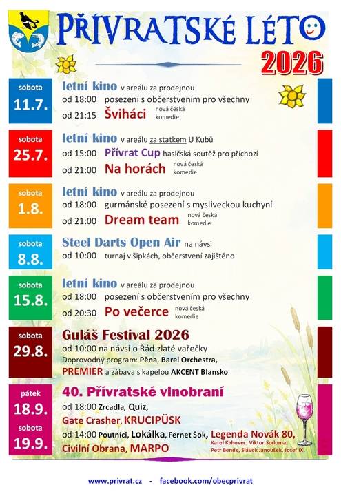 11. července, So   letní kino - Šviháci od 21.15h za prodejnou od 18 h otevřeno pro všechny s občerstvením     25. července, So   Přívrat Cup - hasičská soutěž pro příchozí  areál za statkem U Kubů od 15 hodin     25. července, So   letní kino - Na horách od 21.00h  za statkem U Kubů  navazuje na Přívrat Cup - občerstvení zajištěno     1. srpna, So   letní kino - Dream team od 21.00h za prodejnou od 18 h gurmánské posezení s mysliveckou kuchyní     8. srpna, So   Steel Darts Open Air od 10 hodin na návsi šipkový turnaj - občerstvení zajištěno - více o turnaji     15. srpna, So   letní kino - Po večerce od 20.30h za prodejnou  občerstvení zajištěno od 18h     29. srpna So   Guláš festival - 16. ročník soutěže ve vaření guláše od 10h na návsi  ochutnávky od 14 hodin, bohatý doprovodný kulturní program     18.-19. září Pá-So   40. Přívratské vinobraní pátek od 18 hodin na návsi koncert skupin: Zrcadla, Gate Crasher, Krucipüsk, Quiz sobota od 14.00 hodin na návsi: Poutníci, Lokálka,  Legenda Novák 80 (Karel Kahovec a George & Beatovens, Vitkor Sodoma, Petr Bende, Slávek Janoušek, Josef IX., moderuje Martin Hrdinka) Civilní Obrana, Marpo, Fernet Šok