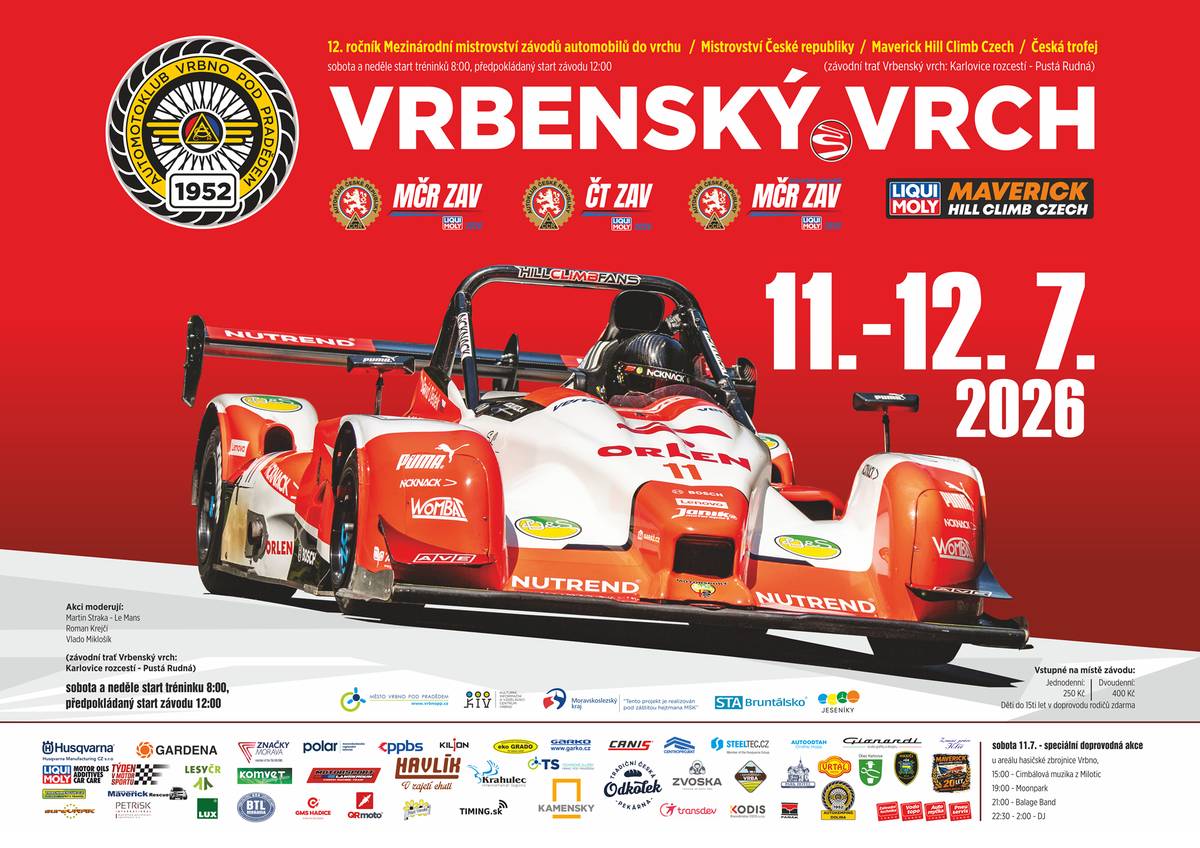 Motoklub Vrbno pod Pradědem vás srdečně zve na 12. ročník mezinárodních závodů automobilů do vrchu Vrbenský vrch 2026, který se uskuteční ve dnech 11.–12. července 2026 na trati Karlovice rozcestí – Pustá Rudná. Čeká vás atraktivní podívaná v rámci Mistrovství České republiky, Maverick Hill Climb Czech a České trofeje. Tréninkové jízdy začínají v sobotu i v neděli od 8:00, start závodů je plánován od 12:00. Přijďte si užít víkend plný rychlosti, adrenalinu a jedinečné atmosféry vrchařských závodů ve Vrbně pod Pradědem. Těšíme se na vás! Přechodná úprava provozu bude realizována v termínu od 07.07.2026 do 13.07.2026 dle harmonogramu: - Příprava trati na závod od 07.07.2026 do 09.07.2026 (výkres č. 1). - Samotná akce od 10.07.2026 do 12.07.2026 (výkres č. 2) - úplná uzavírka silnice II/451 a II/452. - Úklid trati dne 13.07.2026 (výkres č. 1).